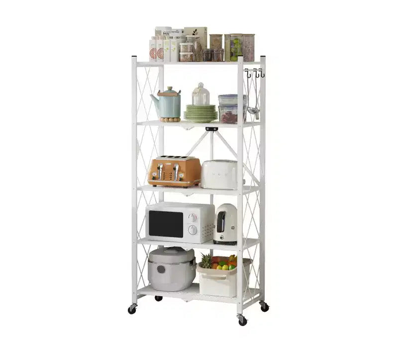 Étagère de rangement pliable en métal à 5 niveaux avec roues et crochets latéraux, robuste, coloris blanc