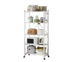 Étagère de rangement pliable en métal à 5 niveaux avec roues et crochets latéraux, robuste, coloris blanc