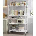 4-Tier Foldable Metal Storage Shelf with Side Hooks Heavy Duty Kitchen Organizer Rack White