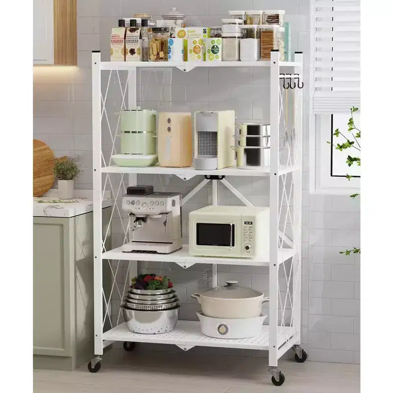 4-Tier Foldable Metal Storage Shelf with Side Hooks Heavy Duty Kitchen Organizer Rack White