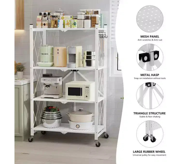 Étagère de rangement pliable en métal à 4 niveaux avec crochets latéraux, étagère de rangement de cuisine robuste, blanche
