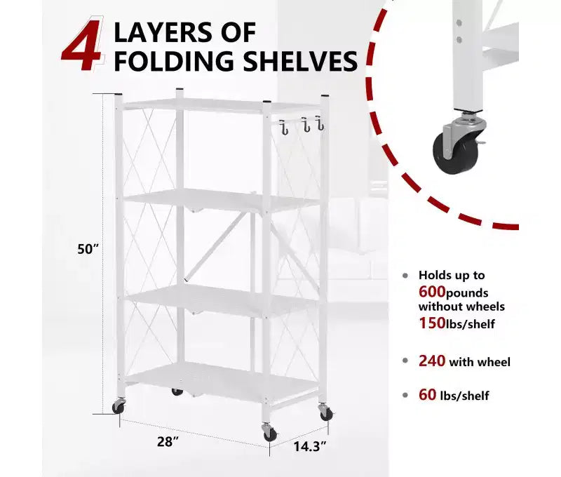 Étagère de rangement pliable en métal à 4 niveaux avec crochets latéraux, étagère de rangement de cuisine robuste, blanche