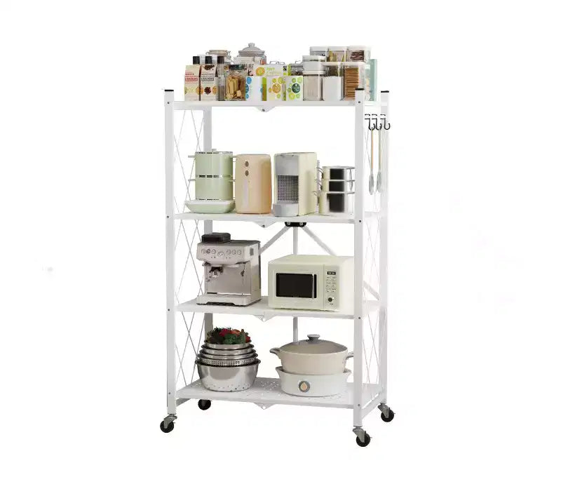 Étagère de rangement pliable en métal à 4 niveaux avec crochets latéraux, étagère de rangement de cuisine robuste, blanche