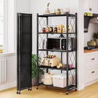 Étagère de Rangement Métallique Pliable à 5 Niveaux avec Roues Verrouillables, Étagère Organiseur en Fil Métallique Robuste, Noir