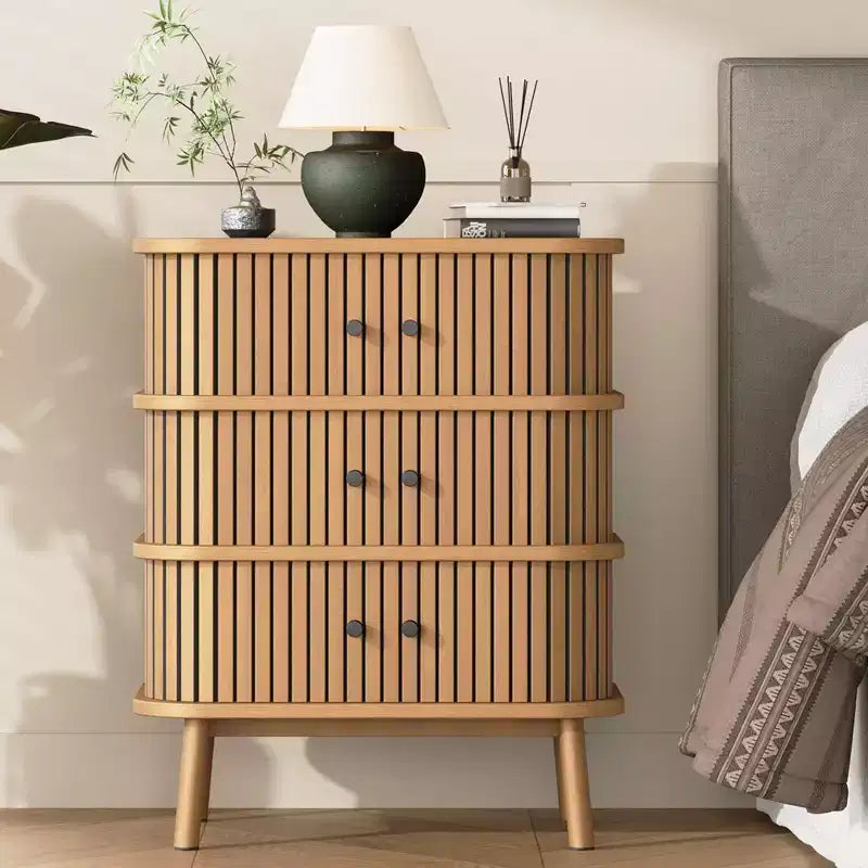 Fluted 3 Drawers Nightstand with Sliding Door
