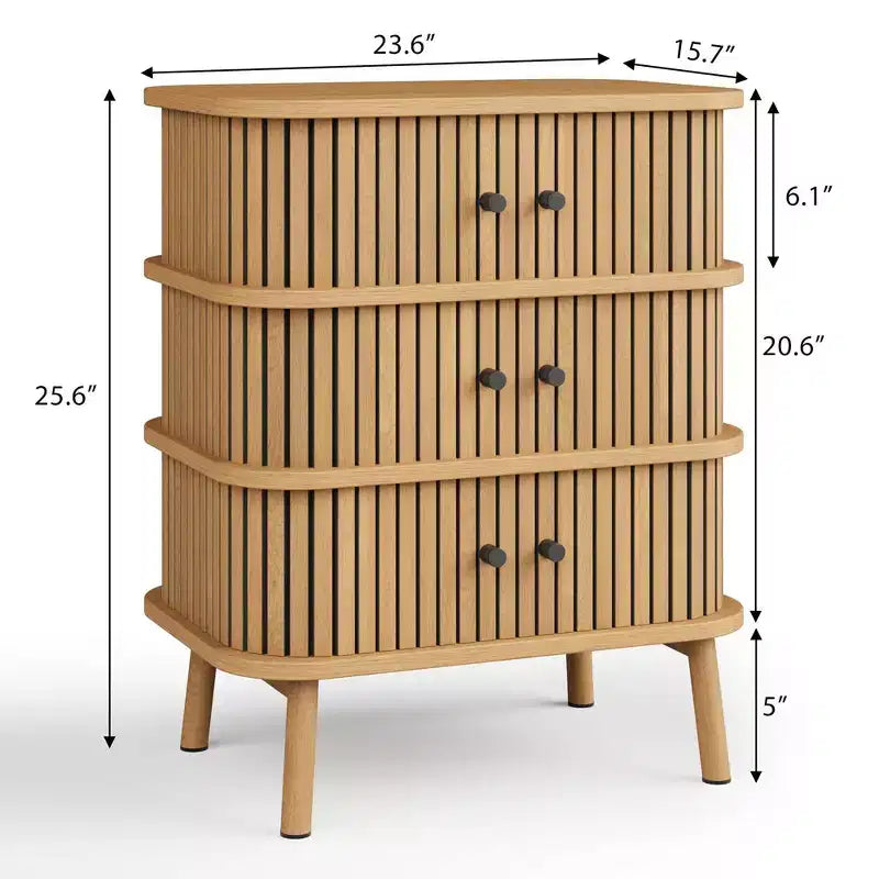 Table de chevet à 3 tiroirs cannelés avec porte coulissante