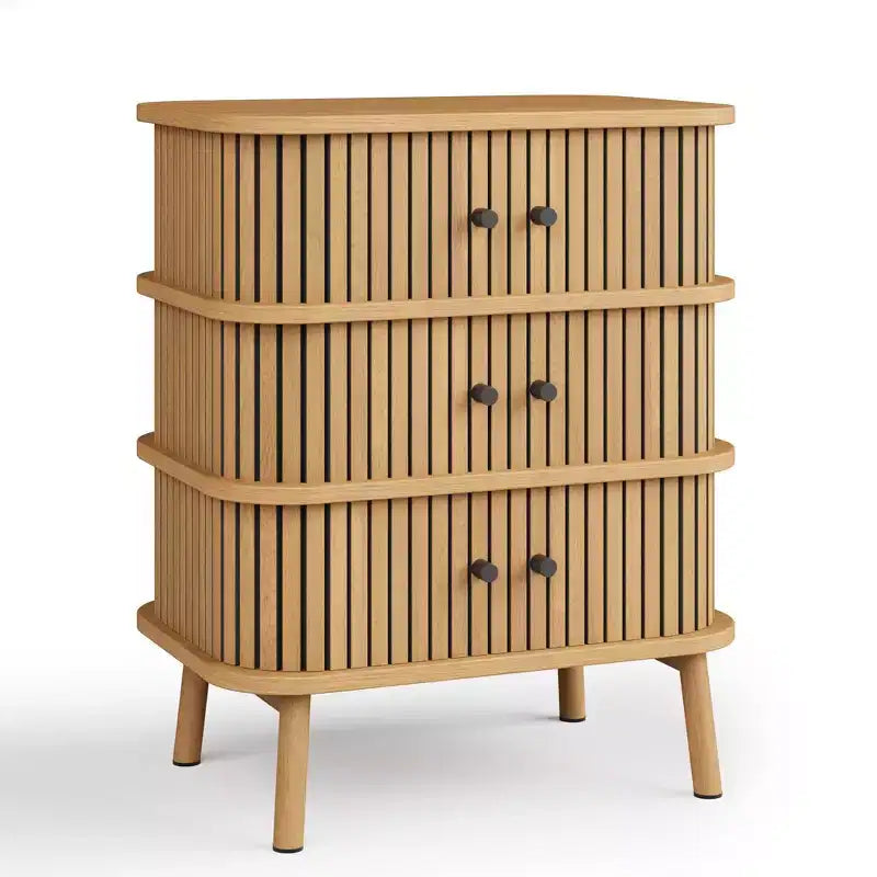 Table de chevet à 3 tiroirs cannelés avec porte coulissante
