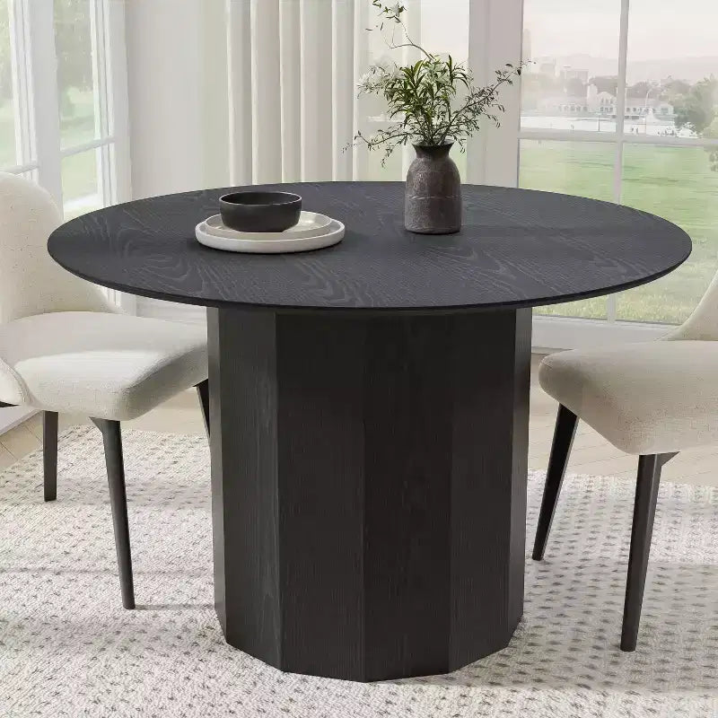 Table de salle à manger ronde Dovelina de style Mid-Century, table de cuisine en bois, table de salle à manger pour 4 personnes - Noir