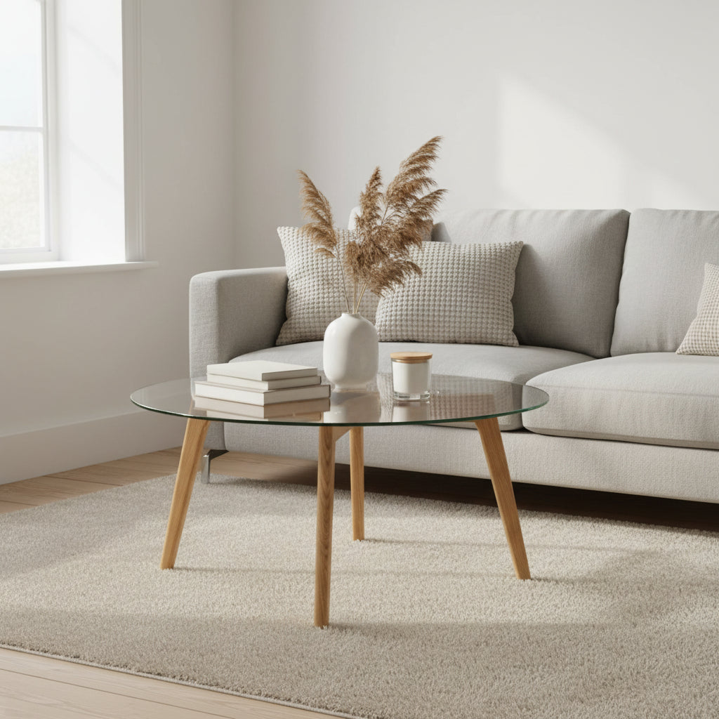 Mid-Century Modern Style Round Glass Coffee Table — 35.4 x 35.4 x 17.7 — W35 x D35 x H18