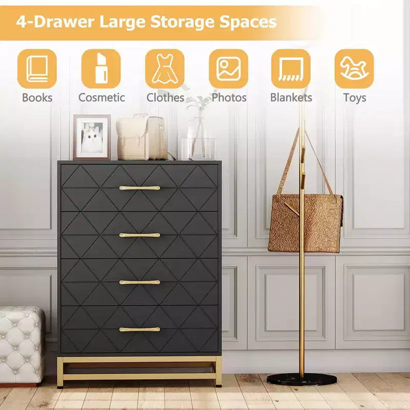 Commode de chambre avec 4 tiroirs, chiffonnier avec poignée en métal, cadre robuste, meuble de chambre moderne