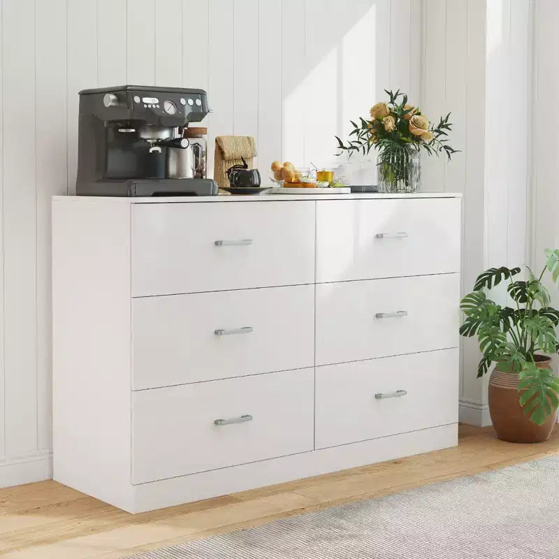 Commode double 6 tiroirs, en bois, moderne, pour chambre à coucher, blanche