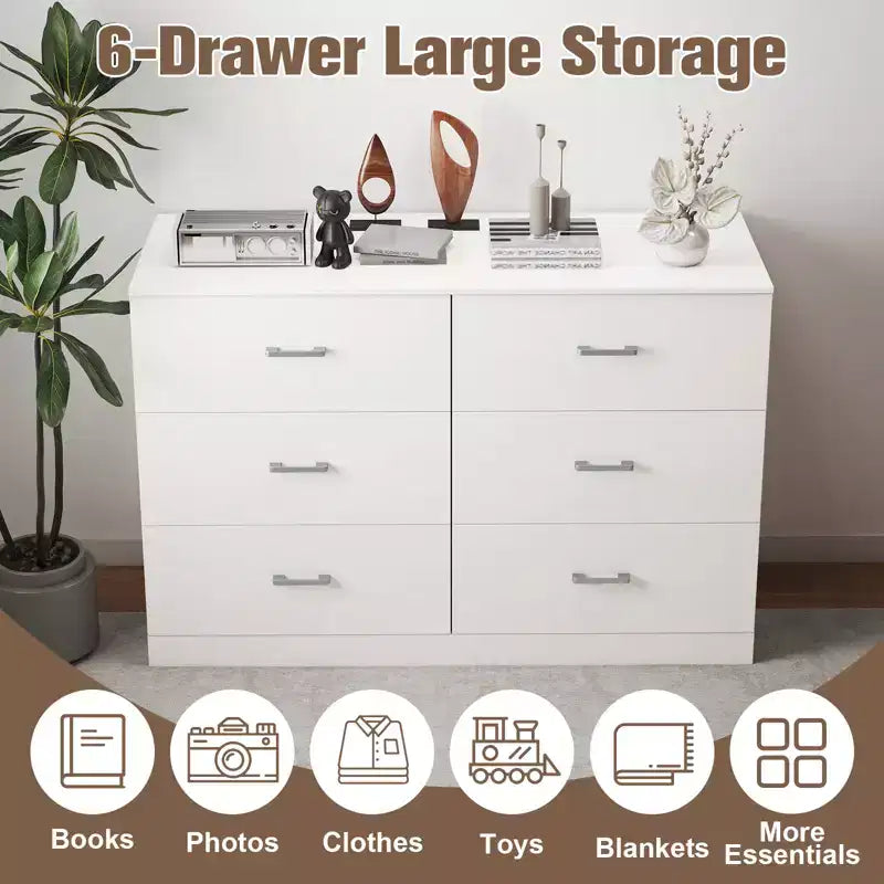 Commode double 6 tiroirs, en bois, moderne, pour chambre à coucher, blanche