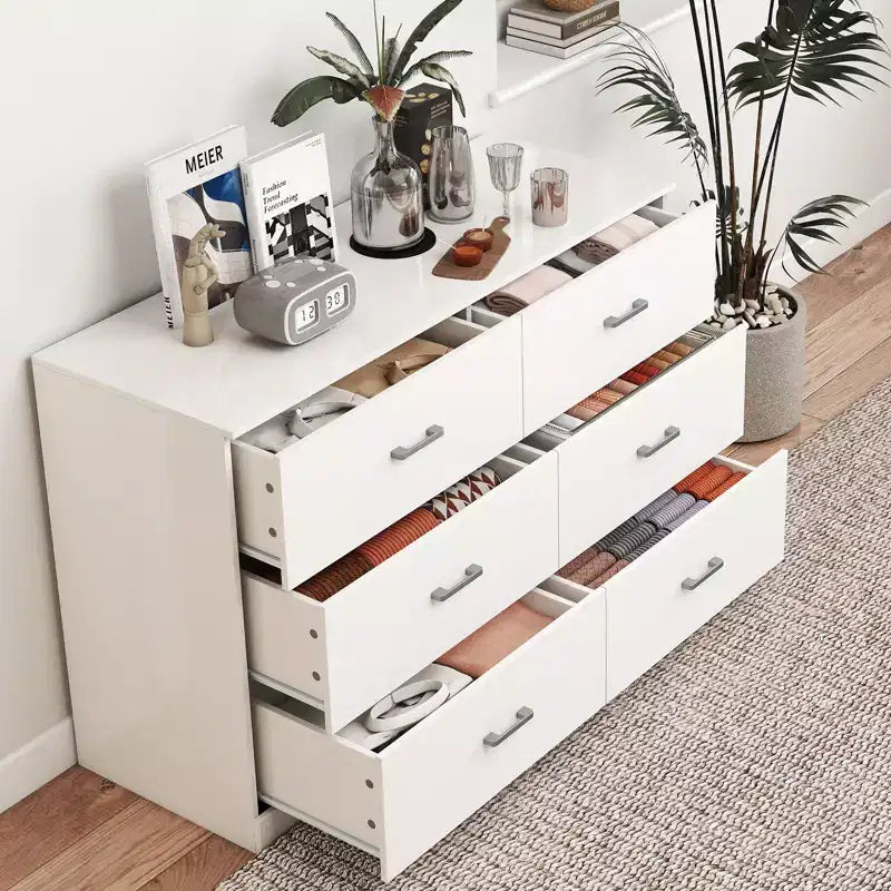 Commode double 6 tiroirs, en bois, moderne, pour chambre à coucher, blanche