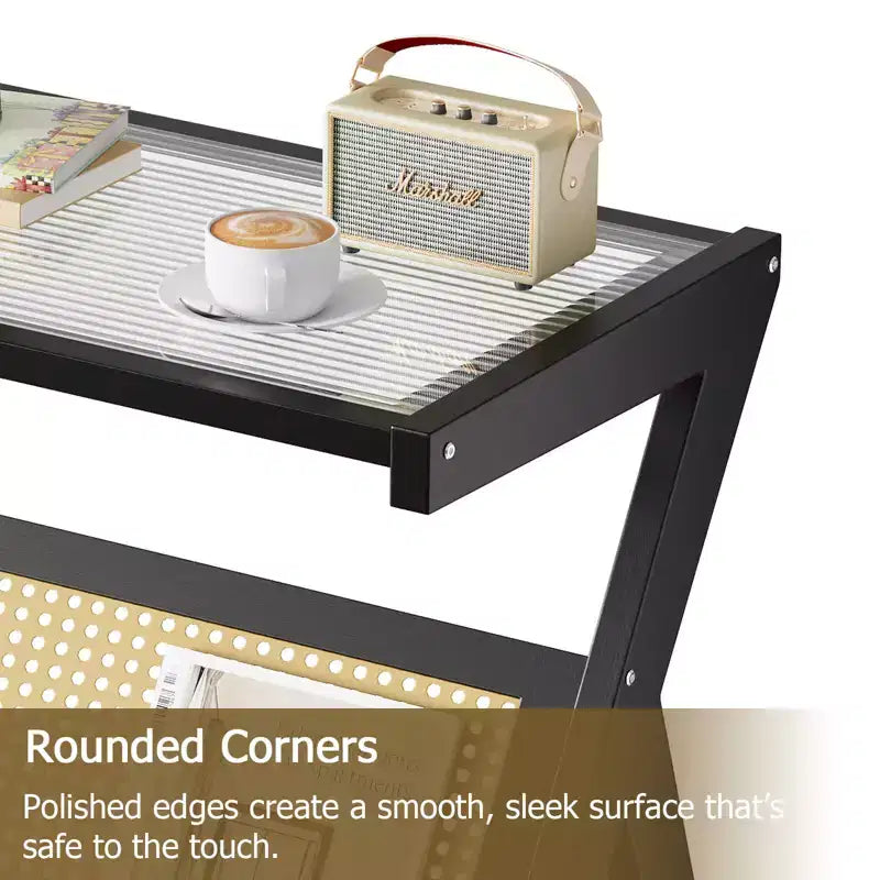 Table d'appoint en rotin avec cadre en bambou, plateau en verre trempé, étagère de rangement en forme de Z, naturel