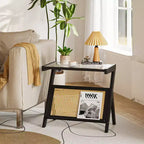 Table d'appoint en rotin avec cadre en bambou, plateau en verre trempé, étagère de rangement en forme de Z, naturel