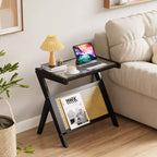 Table d'appoint en rotin avec cadre en bambou, plateau en verre trempé, étagère de rangement en forme de Z, naturel