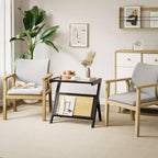 Table d'appoint en rotin avec cadre en bambou, plateau en verre trempé, étagère de rangement en forme de Z, naturel