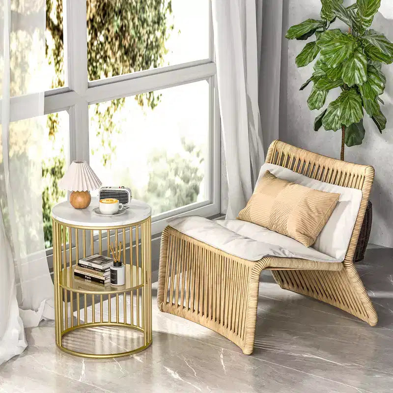 Table d'appoint en rotin avec cadre en bambou, plateau en verre trempé, étagère de rangement en forme de Z, naturel