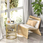 Table d'appoint en rotin avec cadre en bambou, plateau en verre trempé, étagère de rangement en forme de Z, naturel