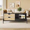 WhizMax Rattan Coffee Table with LED Lights, Mid Century Modern Coffee Table with 4 Drawers and Open Storage Shelf, Wooden Living Room Coffee Table
