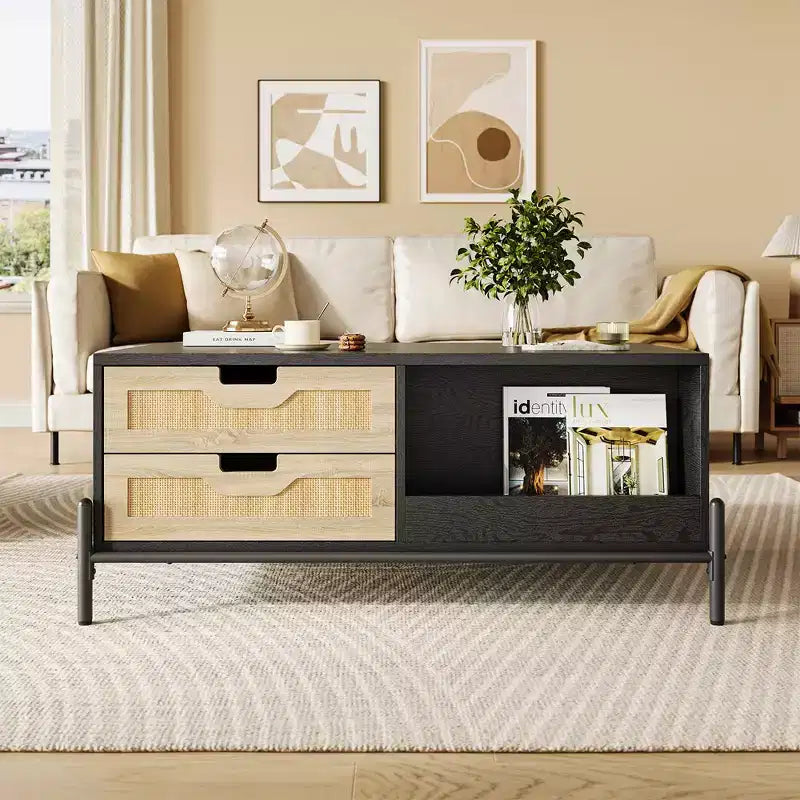 WhizMax Rattan Coffee Table with LED Lights, Mid Century Modern Coffee Table with 4 Drawers and Open Storage Shelf, Wooden Living Room Coffee Table