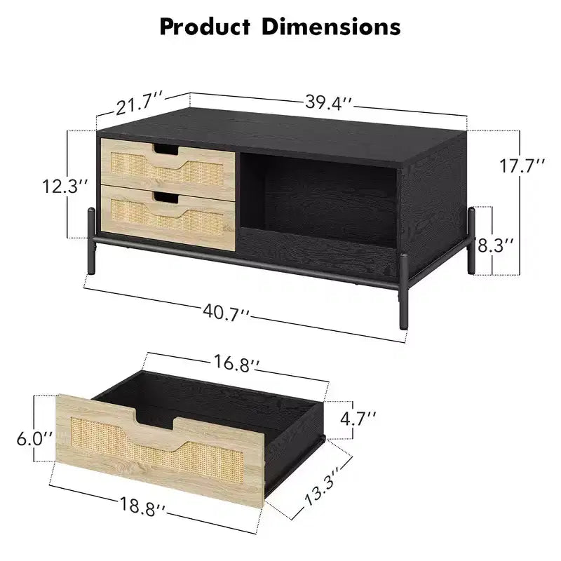 Table basse en rotin WhizMax avec lumières LED, table basse moderne du milieu du siècle avec 4 tiroirs et étagère de rangement ouverte, table basse de salon en bois