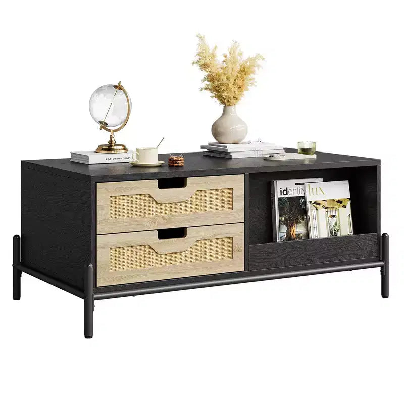 Table basse en rotin WhizMax avec lumières LED, table basse moderne du milieu du siècle avec 4 tiroirs et étagère de rangement ouverte, table basse de salon en bois
