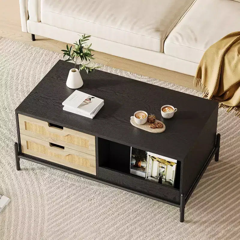 Table basse en rotin WhizMax avec lumières LED, table basse moderne du milieu du siècle avec 4 tiroirs et étagère de rangement ouverte, table basse de salon en bois