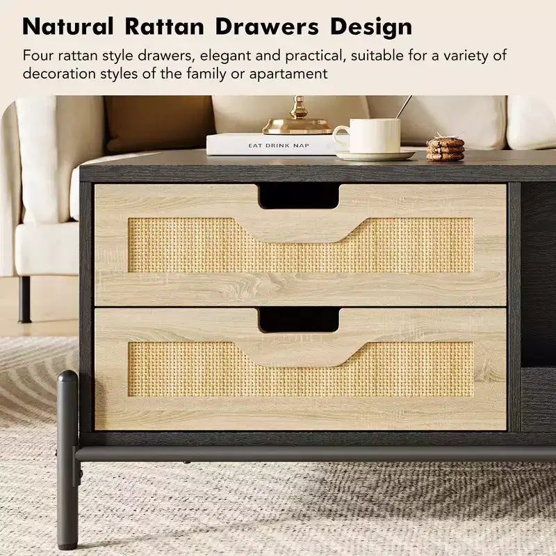 Table basse en rotin WhizMax avec lumières LED, table basse moderne du milieu du siècle avec 4 tiroirs et étagère de rangement ouverte, table basse de salon en bois
