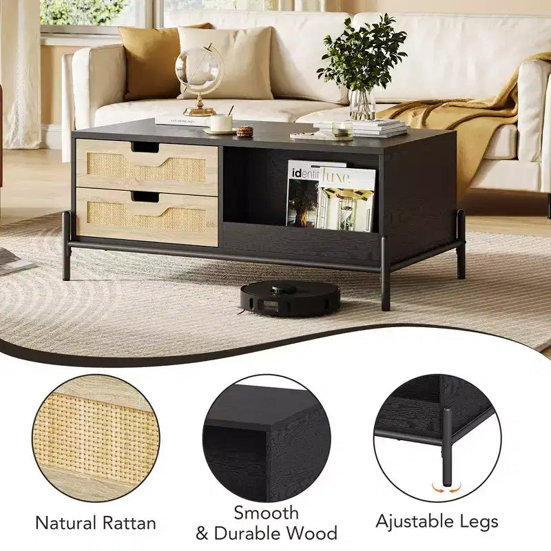 Table basse en rotin WhizMax avec lumières LED, table basse moderne du milieu du siècle avec 4 tiroirs et étagère de rangement ouverte, table basse de salon en bois