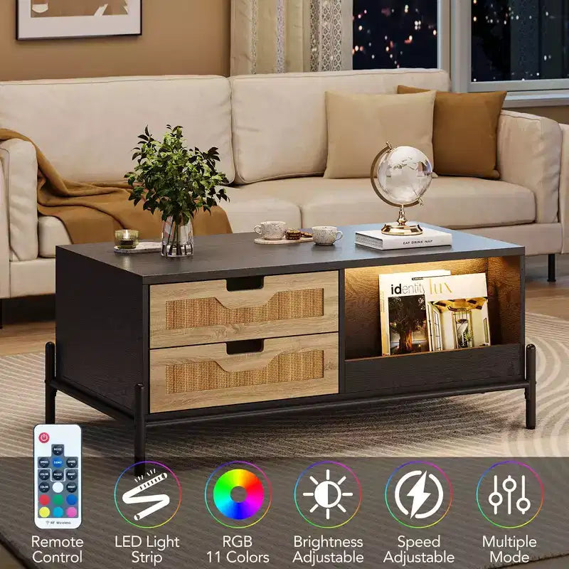 Table basse en rotin WhizMax avec lumières LED, table basse moderne du milieu du siècle avec 4 tiroirs et étagère de rangement ouverte, table basse de salon en bois
