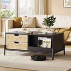 Table basse en rotin WhizMax avec lumières LED, table basse moderne du milieu du siècle avec 4 tiroirs et étagère de rangement ouverte, table basse de salon en bois
