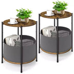 Set of 2 Round Industrial Side Tables with Fabric Storage Baskets