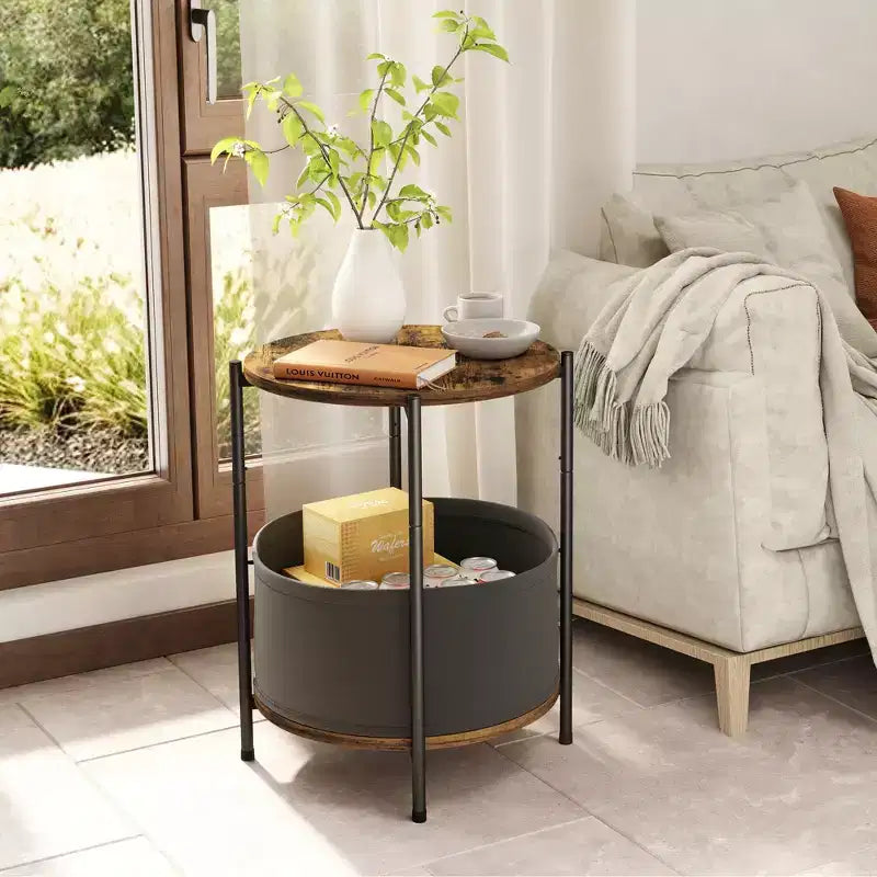 Lot de 2 tables d'appoint industrielles rondes avec paniers de rangement en tissu
