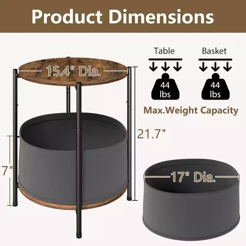 Lot de 2 tables d'appoint industrielles rondes avec paniers de rangement en tissu
