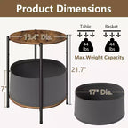 Lot de 2 tables d'appoint industrielles rondes avec paniers de rangement en tissu