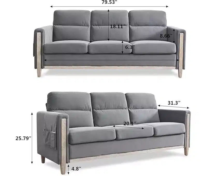 GDFStudio Addison Canapé 3 places 80 avec poches latérales et pieds en bois d'hévéa
