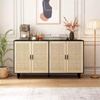 62.20Buffet de rangement en rotin, buffet moderne en bois avec 4 portes et étagères réglables, buffet de rangement d'appoint pour salon et couloir