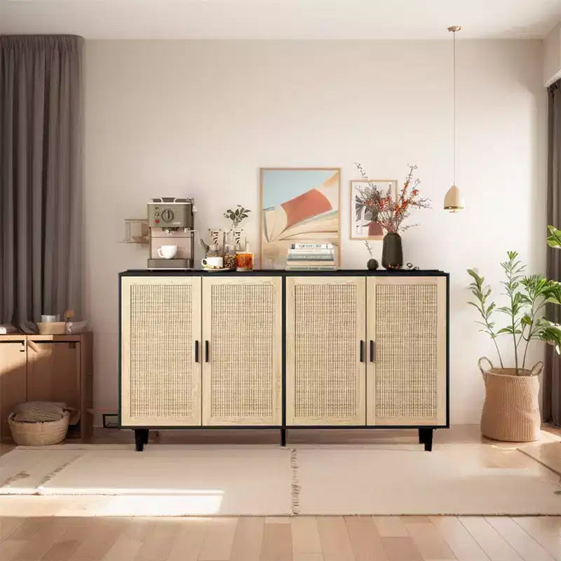 62.20Buffet de rangement en rotin, buffet moderne en bois avec 4 portes et étagères réglables, buffet de rangement d'appoint pour salon et couloir