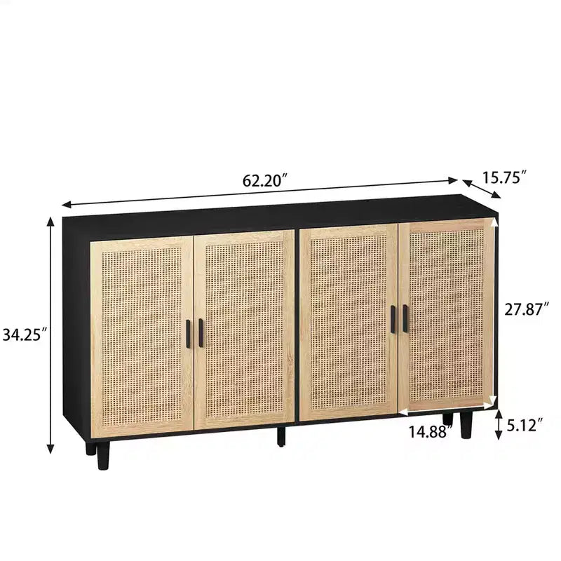 62.20Buffet de rangement en rotin, buffet moderne en bois avec 4 portes et étagères réglables, buffet de rangement d'appoint pour salon et couloir