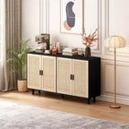 62.20Buffet de rangement en rotin, buffet moderne en bois avec 4 portes et étagères réglables, buffet de rangement d'appoint pour salon et couloir