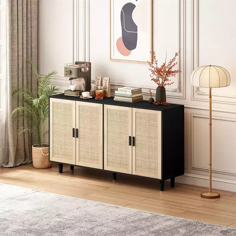 62.20Buffet de rangement en rotin, buffet moderne en bois avec 4 portes et étagères réglables, buffet de rangement d'appoint pour salon et couloir
