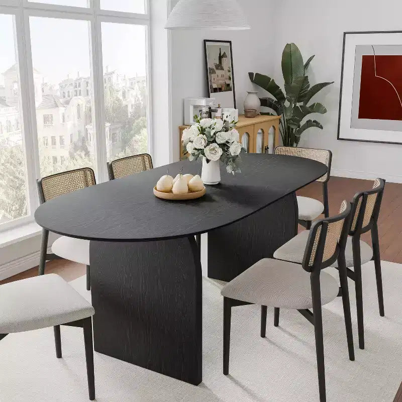Table de salle à manger ovale Dovelina 67 pour 6 personnes, table de cuisine en bois de style ferme moderne du milieu du siècle