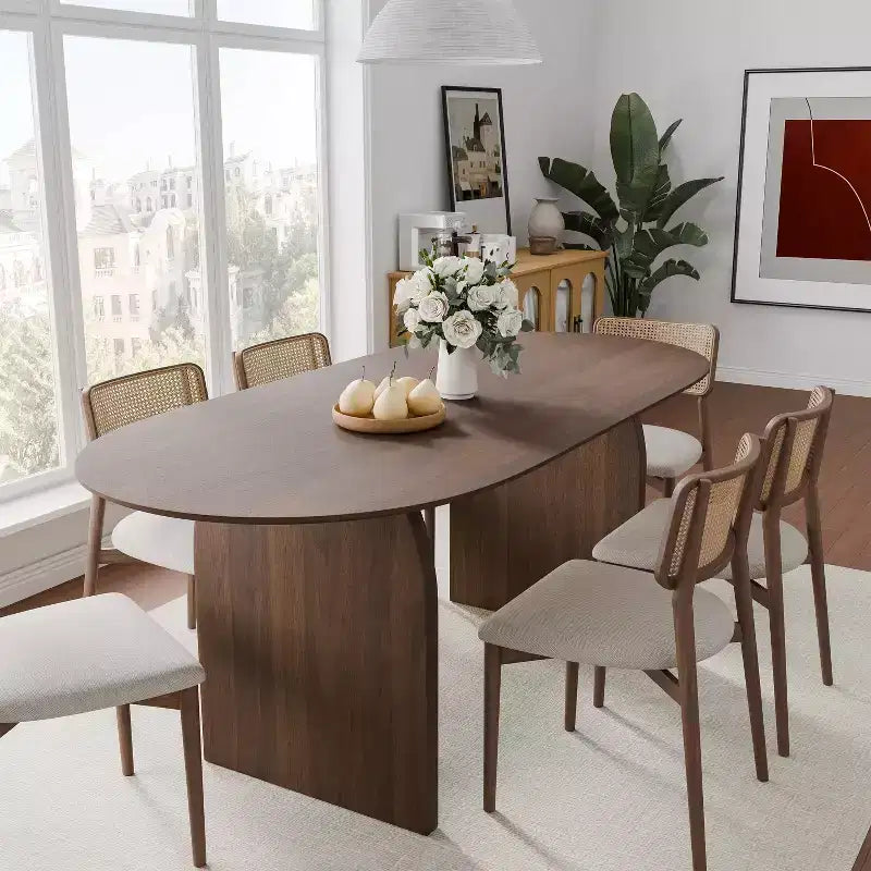 Table de salle à manger ovale Dovelina 67 pour 6 personnes, table de cuisine en bois de style ferme moderne du milieu du siècle