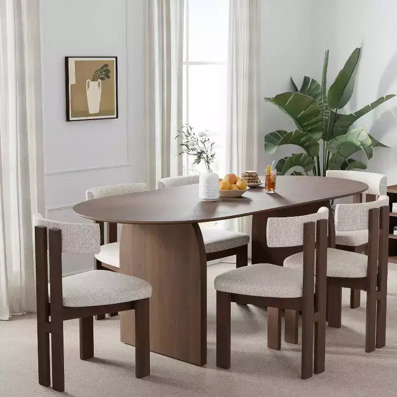 Table de salle à manger ovale Dovelina 67 pour 6 personnes, table de cuisine en bois de style ferme moderne du milieu du siècle