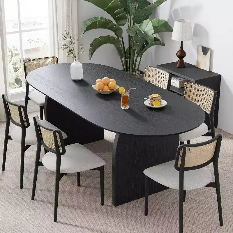 Table de salle à manger ovale Dovelina 67 pour 6 personnes, table de cuisine en bois de style ferme moderne du milieu du siècle
