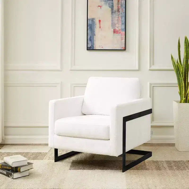 Fauteuil LeisureMod en tissu bouclé avec cadre en acier inoxydable noir et coussin de dossier amovible Collection Lincoln