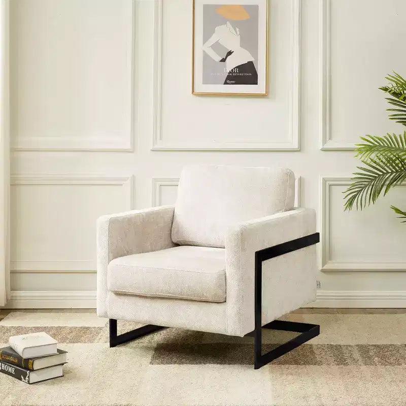 Fauteuil LeisureMod en tissu bouclé avec cadre en acier inoxydable noir et coussin de dossier amovible Collection Lincoln