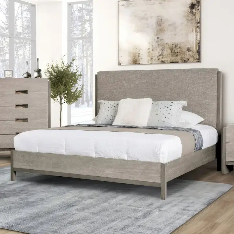 Ensemble de chambre à coucher 5 pièces de style moderne avec panneaux en bois massif gris (comprend lit, deux tables de chevet, coiffeuse et miroir)
