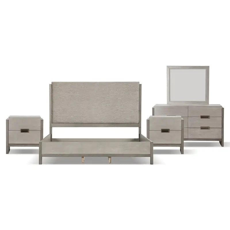 Ensemble de chambre à coucher 5 pièces de style moderne avec panneaux en bois massif gris (comprend lit, deux tables de chevet, coiffeuse et miroir)